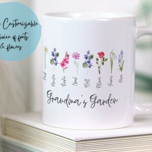 Grandma&#39;s Garden Coffee Mug With Names, Birth Month Watercolor Flowers Personalized Mug, Unique Mother&#39;s Day Gift for Grandma or Mom