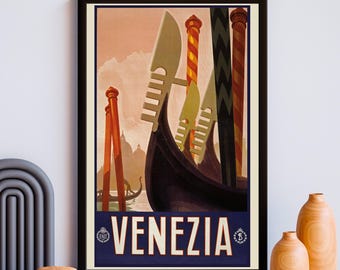Vintage Venice Gondola Travel Poster, Italian Art Print