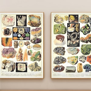 Ensemble d'art vintage cristaux et minéraux, roches Larousse, lithographie française « Minéraux », carte minéralogique géologique de 1890, impressions satinées ou mates