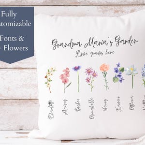 Cojín de jardín de la abuela con los nombres de los nietos: regalo floral personalizado para el mes de nacimiento, cojín personalizado para mamá o abuela, regalo para el Día de la Madre.