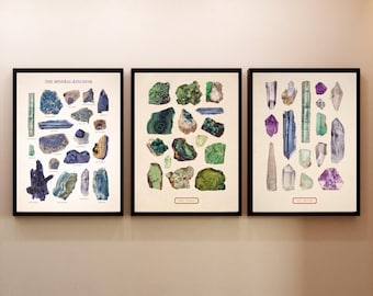 Pode incluir: Três quadros com ilustrações científicas de vários minerais. O quadro da esquerda intitula-se THE MINERAL KINGDOM com pedras azuis e roxas. O central mostra minerais verdes e o da direita apresenta vários cristais de diferentes formatos.