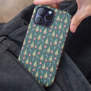 Custodia per telefono con motivo albero di Natale e bastoncino di zucchero, design festivo per iPhone 16 15 14 13 12 e Samsung S22 S23 S24, accessorio per le feste