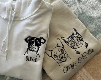 Sweat-shirt brodé pour animal de compagnie avec photo et nom personnalisés, sweat à capuche unisexe personnalisé portrait d'animal de compagnie, cadeau unique pour amoureux des chiens et des chats