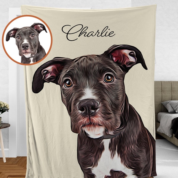 Personalized Blanket with Pet Portrait and Name, Dog Puppy Cat Bunny Flannel Throws for Pet Lover Owner Home Accessory Customized Mom Gift