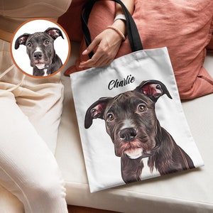 Personalized Tote Bag with PET PORTRAIT Custom Cat Dog Photo and Name Reusable Spacious Canvas Everyday Market Grocery Bag Pet Owner Gift