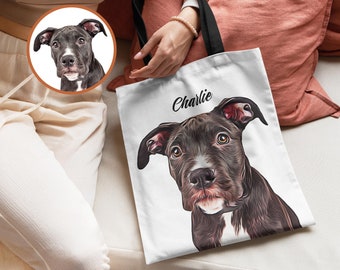 Personalized Tote Bag with PET PORTRAIT Custom Cat Dog Photo and Name Reusable Spacious Canvas Everyday Market Grocery Bag Pet Owner Gift