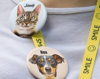 Personalized Pin Button Badge with Custom Pet Portrait and Name, Dog Cat Owner Face Patch Pinback Accessory Sympathy Loss Memorial Gift