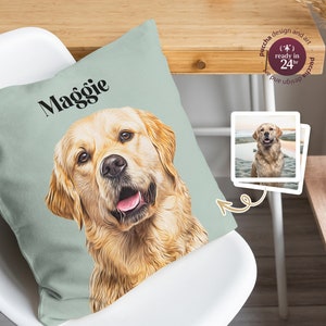 Pillow with Custom PET PORTRAIT and NAME, Xmas Dog Puppy Cat Personalized Cushion, Holiday Gift for Pet Lover Owner, Home Decor
