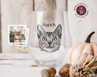 Copa de vino sin tallo de 355 ml con retrato personalizado de mascota, vaso térmico personalizado con foto de perro o gato.