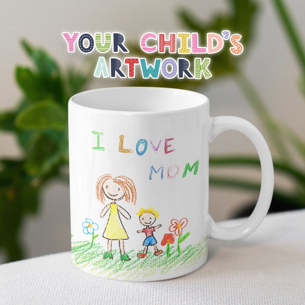 Tasse à dessin pour enfants, cadeau commémoratif pour la fête des mères, illustration d'enfant imprimée personnalisée, tasse à café de dessin d'oeuvres d'art pour enfants personnalisées