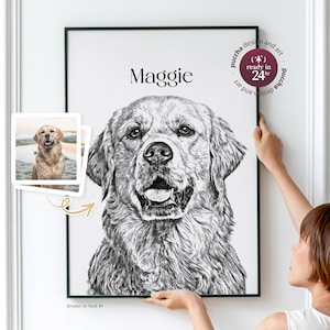 Custom Pet Portrait Sketch Dog Cat Drawing from Photo, Personalized Pet Photo Poster for Pet Owner, Pet Loss Memorial Sympathy Gift