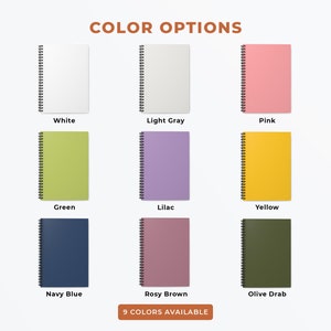 May include: Nine color options for a spiral bound notebook. The colors are white, light gray, pink, green, lilac, yellow, navy blue, rosy brown, and olive drab. The text "9 COLORS AVAILABLE" is at the bottom of the image.
