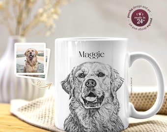 Pet Portrait Custom Sketch Mug from Photo, Personalized Birthday Gift for Cat Dog Mom Dad Owner, In Memory of Dog Loss, Pet Illustration Mug