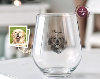 Pet Memorial Wine Glass with Custom Portrait and Name, Personalized Stemless Dog Cat Remembrance Keepsake