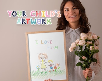 Kids Drawing Art Memorial Gift for Mother's Day, Custom Printed Kids Illustration, Personalized Children's Artwork Drawing Framed Poster