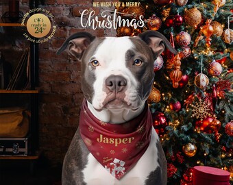 Personalized Pet Bandana Collar, Custom Dog Cat Scarf, Snap-on or Tie-on Bandana, Christmas Gift for Pet Owner, Cute Xmas Dog Accessory
