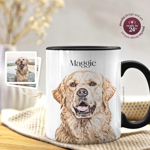 May include: White ceramic mug with a black handle. The mug has a personalized name "Maggie" printed on it. A hand-drawn illustration of a golden retriever dog is featured on the mug.