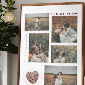 Custom Mother’s Day Photo Collage Poster, Personalized Fingerprint Keepsake Print, Unique Family Picture Frame Gift for Mom, Wife, or Nana