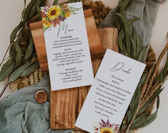 Sonnenblume Hochzeitsmenü Vorlage, Herbst Floral Design (Digitaler Download)