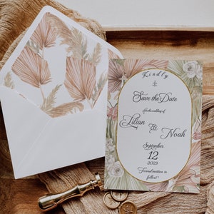 Boho Guardar la plantilla de fecha con foto, Boda retro Guardar la tarjeta de fechas, Plantilla de revestimiento de sobre