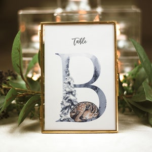 Cartas de mesa de boda de montaña, tarjeta de mesa imprimible, decoración de boda de invierno, plantilla de boda de números de mesa rústica