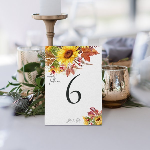 Sunflower Wedding Table Numbers, Printable Table Numbers, Fall Wedding Decor, Rustic Table Numbers Wedding Template