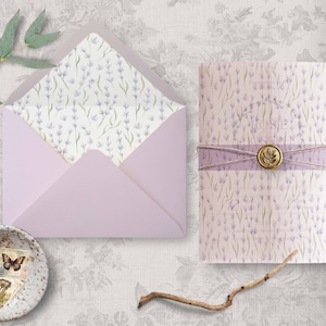 Printable Wedding Vellum Wrap with Lavender Flowers, Envelope Liner & DIY Invite Jacket Download, 5x7 Toile Design