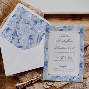 Ensemble de faire-part de mariage bleu royal avec doublure d'enveloppe Modèle de faire-part de mariage ancien bleu nuit avec chinoiseries