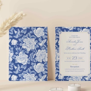 Dark Blue Wedding Invitation Suite with Envelope Liner Chinoiserie Antique Wedding Invitation Instant Download Editable Template