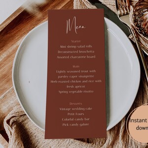 Terrakotta-Hochzeitsmenüvorlage mit einer Getränkeliste für den Empfang