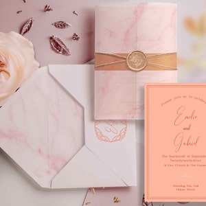 Elegant Peach Wedding Invitation with Vellum Jacket Envelope Liner Editable Monogram Wedding Invitation Instant Download Editable Template