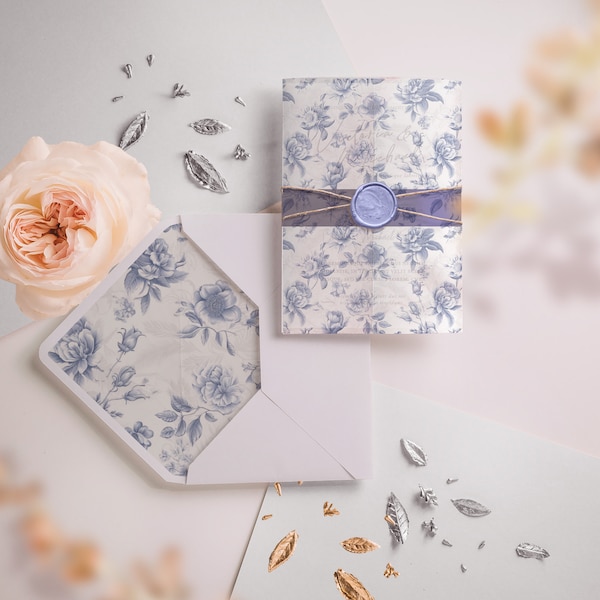 Printable Wedding Vellum Wrap with Envelope Liner - Dusty Blue Toile | DIY 5x7 Invite Jacket Download