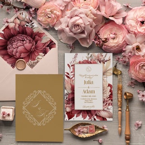 Marsala Wedding Invitation Suite with Vellum Jacket, Editable Monogram & Envelope Liner, Instant Download Template