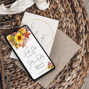 Girasol Guardar la tarjeta electrónica de fecha, Boda de otoño Guardar la tarjeta de fechas, Tarjeta electrónica guardar la fecha