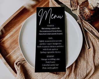 Menu di nozze nero minimalista, carte menu moderne, modello di menu minimale, menu baby shower, menu battesimo, menu compleanno, modello modificabile