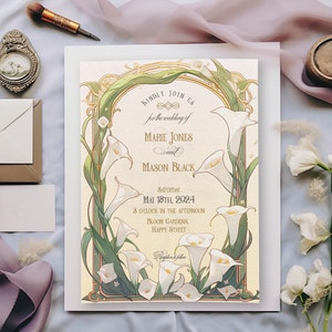Art Nouveau Calla Lily Wedding Invitation Suite with Vellum Jacket & Envelope Liner Template Instant Download Editable Template