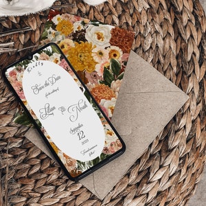 Boho Electronic Save The Date Card - Spersonalizowane karty Save The Date na ślub - Dostosowywalny nowoczesny kwiatowy szablon zaproszenia ślubnego