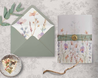 Printable Wedding Vellum Wrap & Envelope Liner - Wild Flowers Toile DIY 5x7 Invite Jacket Download