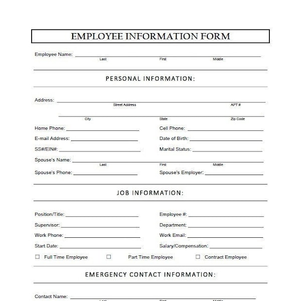 Employee Information Form | Business Tool | Printable download pdf | Editable Form docx