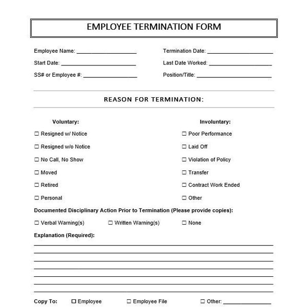 Employee Termination Form | Printable Employee Termination Form | Editable Employee Termination Form | Business Tools |