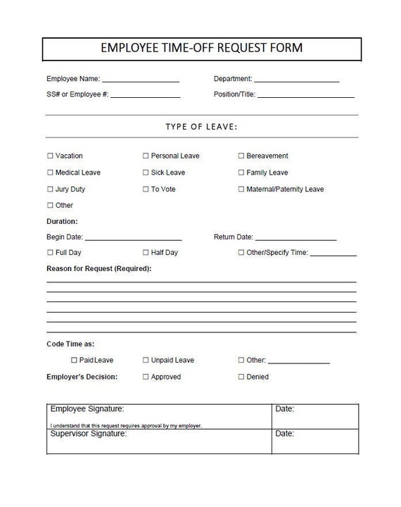 Employee Time off Request Form Business Tools Printable - Etsy