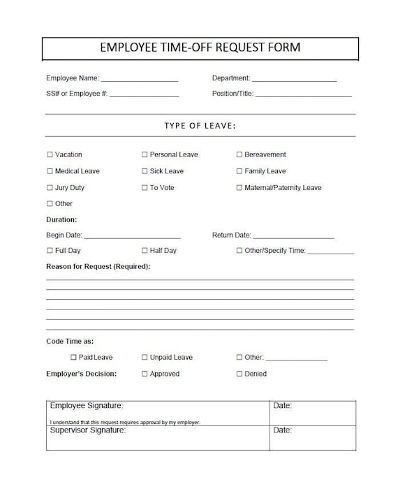 Employee Time off Request Form Business Tools Printable - Etsy