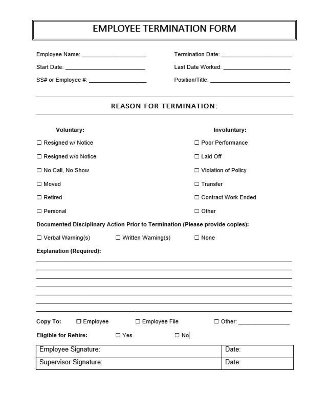 Employee Termination Form Printable Employee Termination Etsy UK