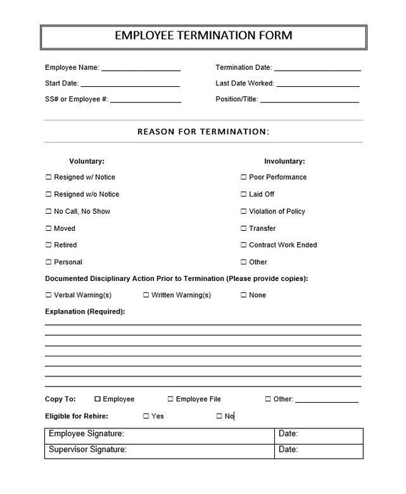 Employee Termination Form Printable Employee Termination Etsy Ireland
