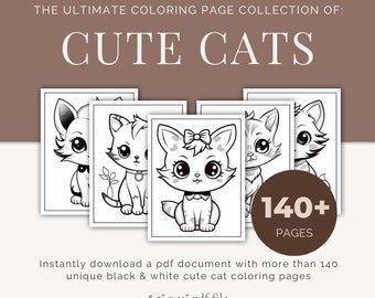 Cute Cat Coloring Pages - The Ultimate Collection of 140+ Cute Cat Coloring Pages (Digital pdf download)