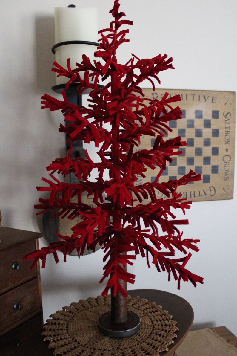 Red Feather Tree/ Upcycled Wool Fabric/ Vintage Wood Spool Base