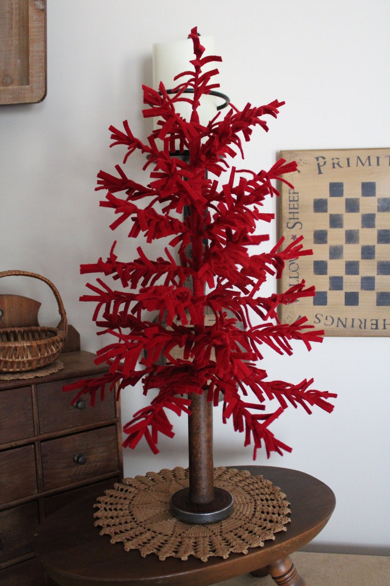 Red Feather Tree/ Upcycled Wool Fabric/ Vintage Wood Spool Base