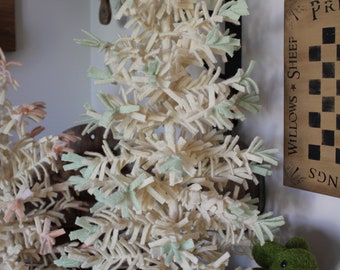 Springtime Feather Tree/ upcycled wool blanket/ cream with green tips/ whitewashed base