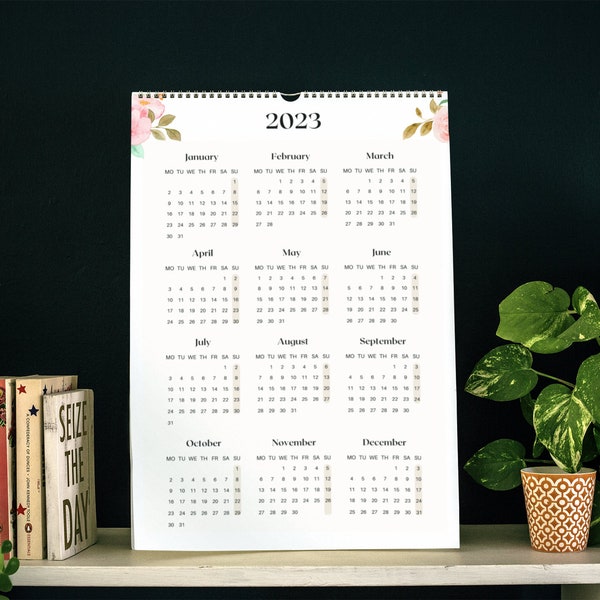 2023 Year Calendar Printable, Yearly Calendar 2023, Floral Calendar, Minimalist, A4 Letter, Sunday / Monday Start