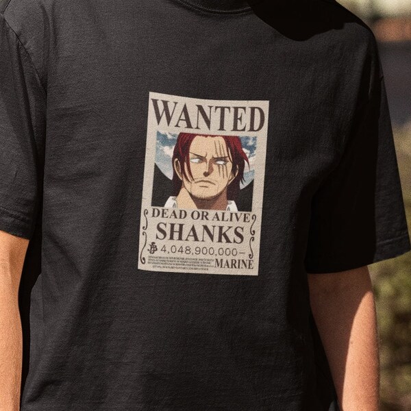 Shanks Wanted T-Shirt, One Piece Bounty Poster Tee, Red-Haired Pirate Top, Manga Fan Apparel, Anime Captain Design, Otaku Gift